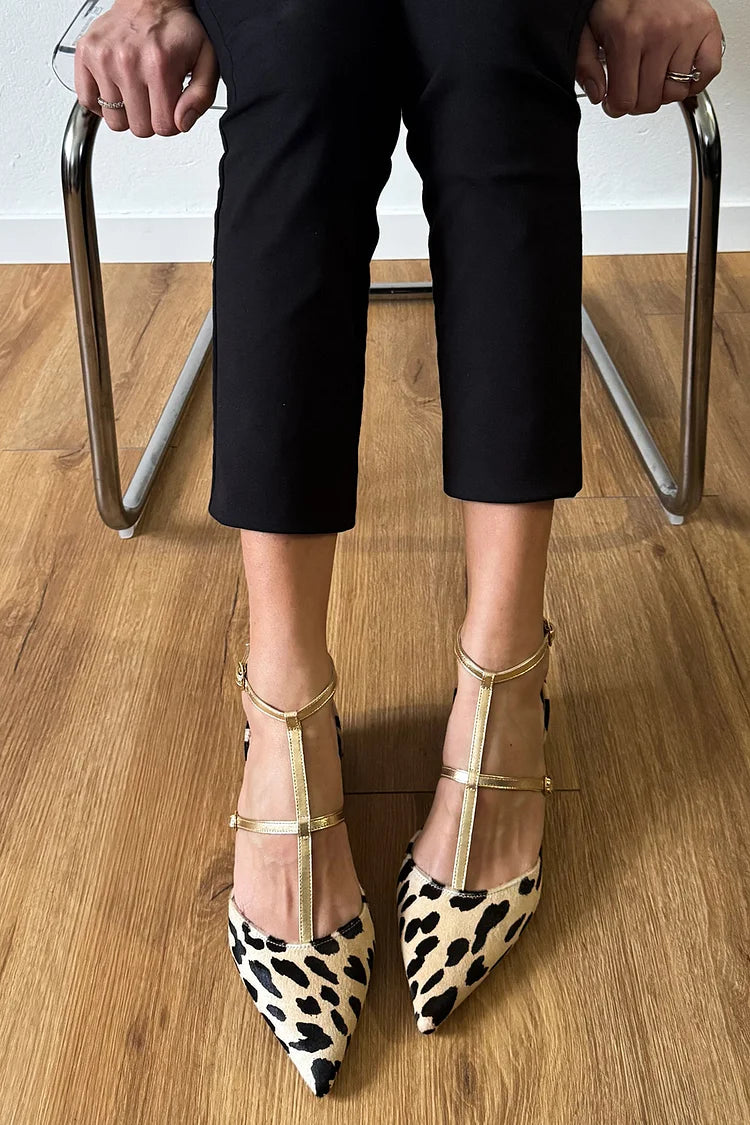 Cross Strap Buckle Cow Pattern Pointed Toe Beige Flats [Pre Order]