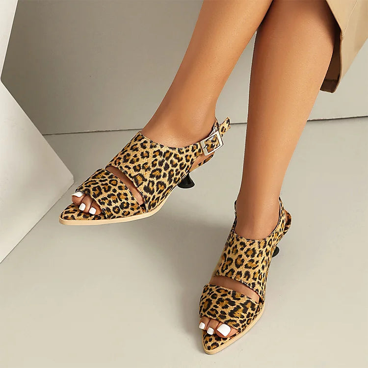 Leopard Pattern Cut Out Peep Toe Slingback Sandals Heels