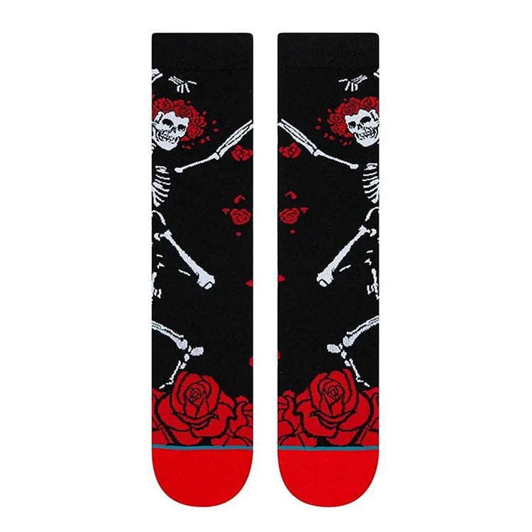 Calcetines de media pantorrilla con estampado de esqueleto bailando y rosas para Halloween 