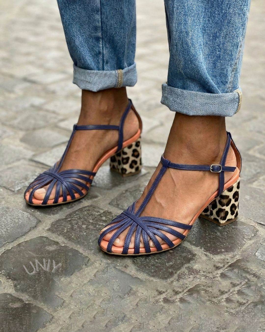 Navy Woven Strappy T-Strap Leopard Print Block Heel Sandals [Pre Order]