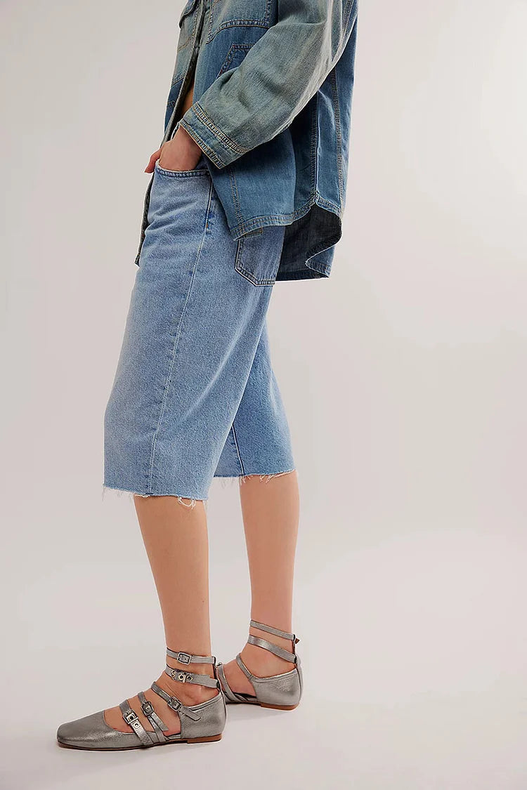 Ballerines argentées à éclat métallique, bout carré, boucles à multiples sangles sur mesure [Précommande]