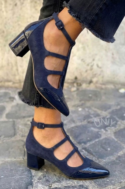 Navy Suede Patent Pointed Toe Multi Strap Block Heels [Pre Order]