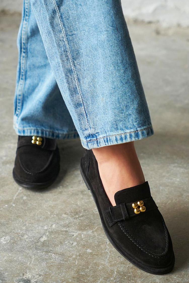 Metall-Dekor Stepp-Detail Rundzehen Schwarze Loafer [Vorbestellung]