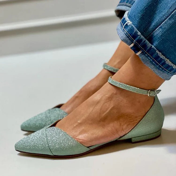 Ankle Strap Buckle Glitter Pointed Toe Green Flats