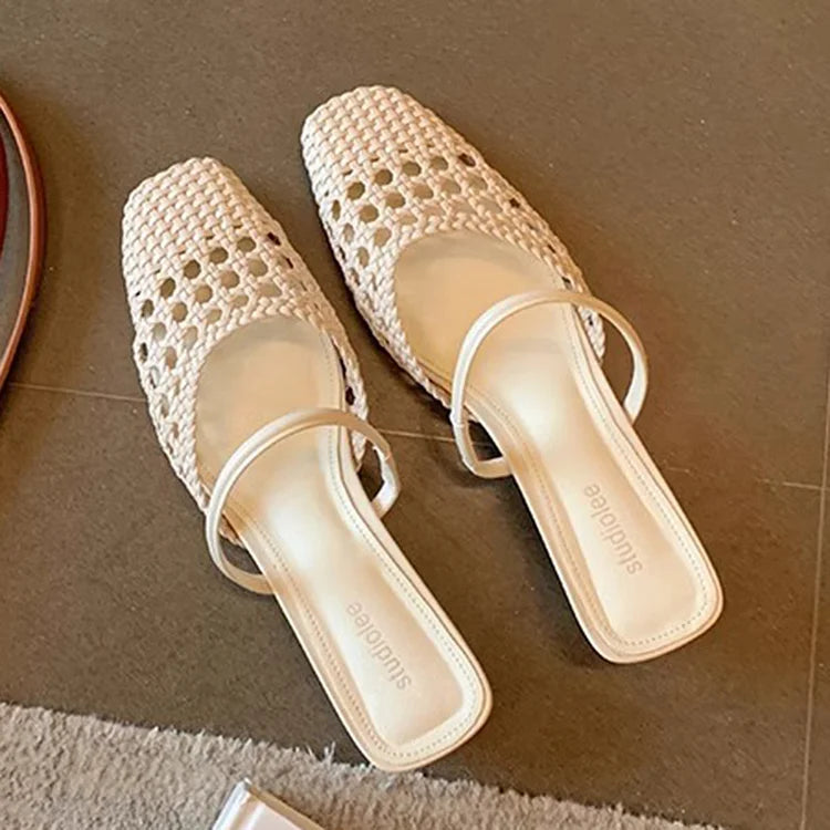 Häkeln Gewebt Hohl Niedriger Spann Riemen Quadratische Zehe Absatz Aus Mules