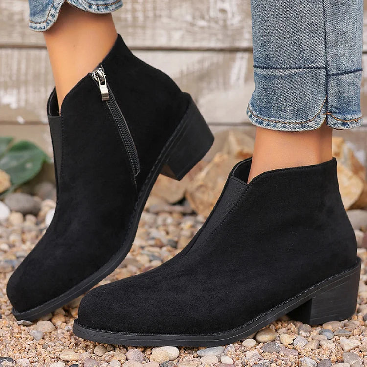 Patchwork Zipper Pointed Toe Chunky Heel Ankle Boots