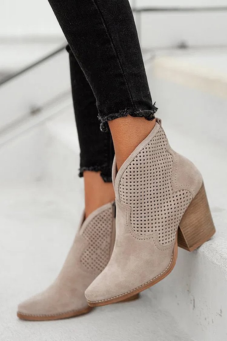 Hollow Out Solid Color Pointed Toe Taupe Ankle Boots