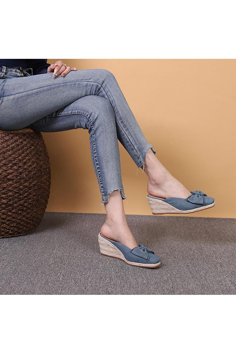 Raw Edge Bow Decor Solid Color Square Toe Casual Wedge Heels