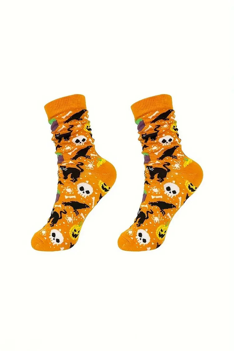 Halloween-Farbblock-Skelett-Handdruck-Socken mit mittlerer Wade