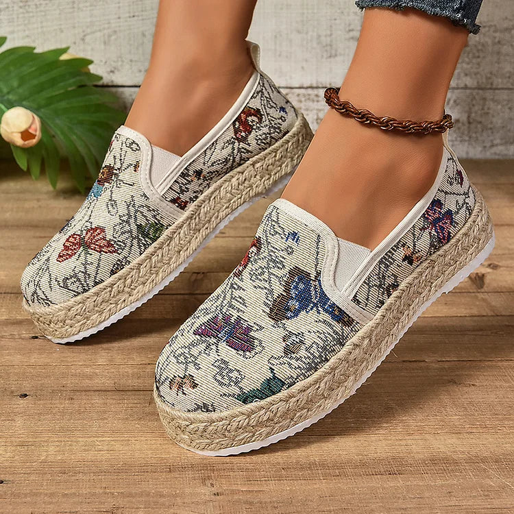 Casual Pattern Print Woven Platform Round Toe Canvas Loafers