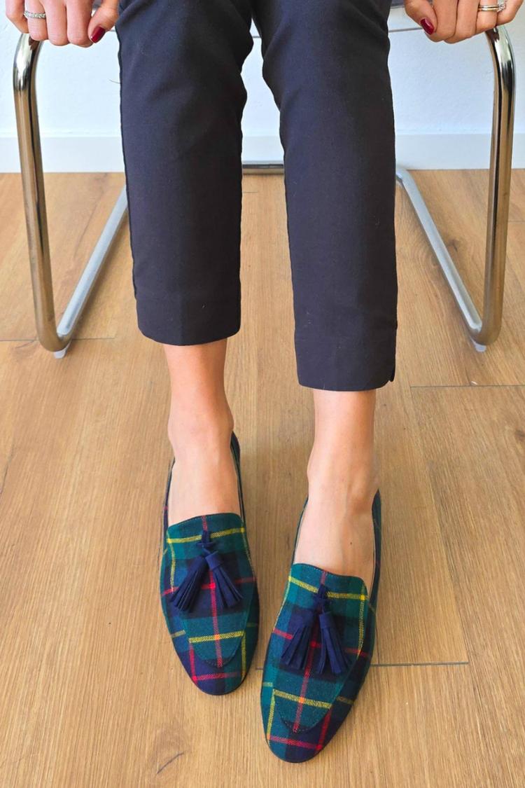 Colorful Plaid Print Tassels Trim Round Toe Casual Green Loafers [Pre Order]