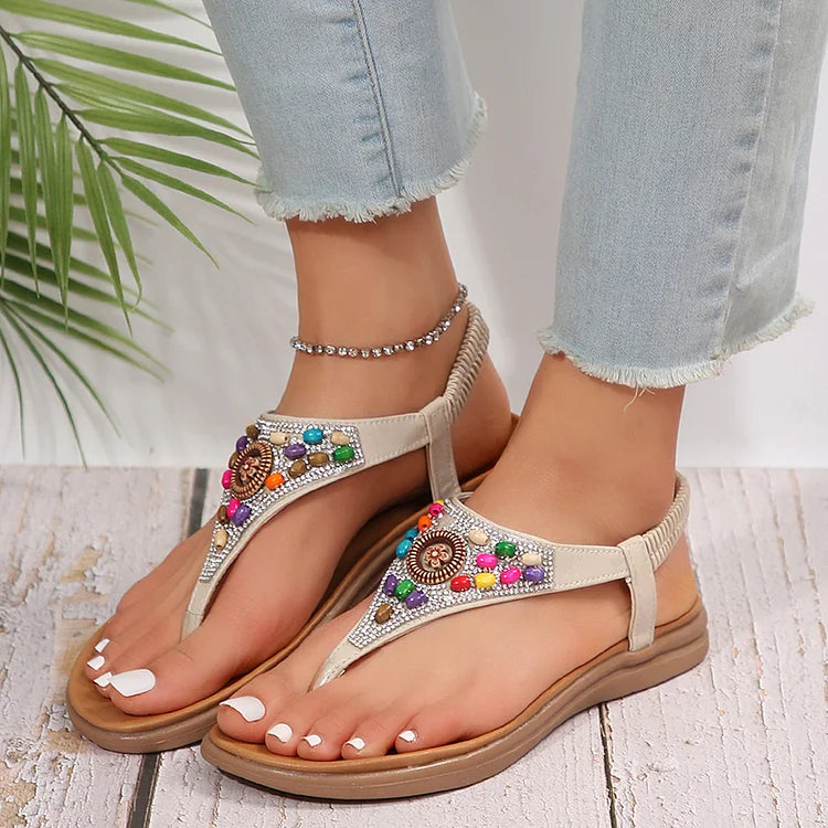 Boho Bunte Perlen Strass Flip Flops Gummiband Sandalen