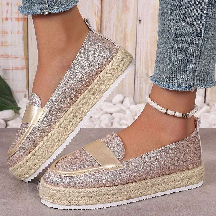 Shimmering Glitter Patchwork Slip On Platform Espadrille Loafers