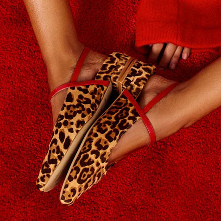 Leopard Print Instep Slingback Strap Pointed Toe Brown Flats