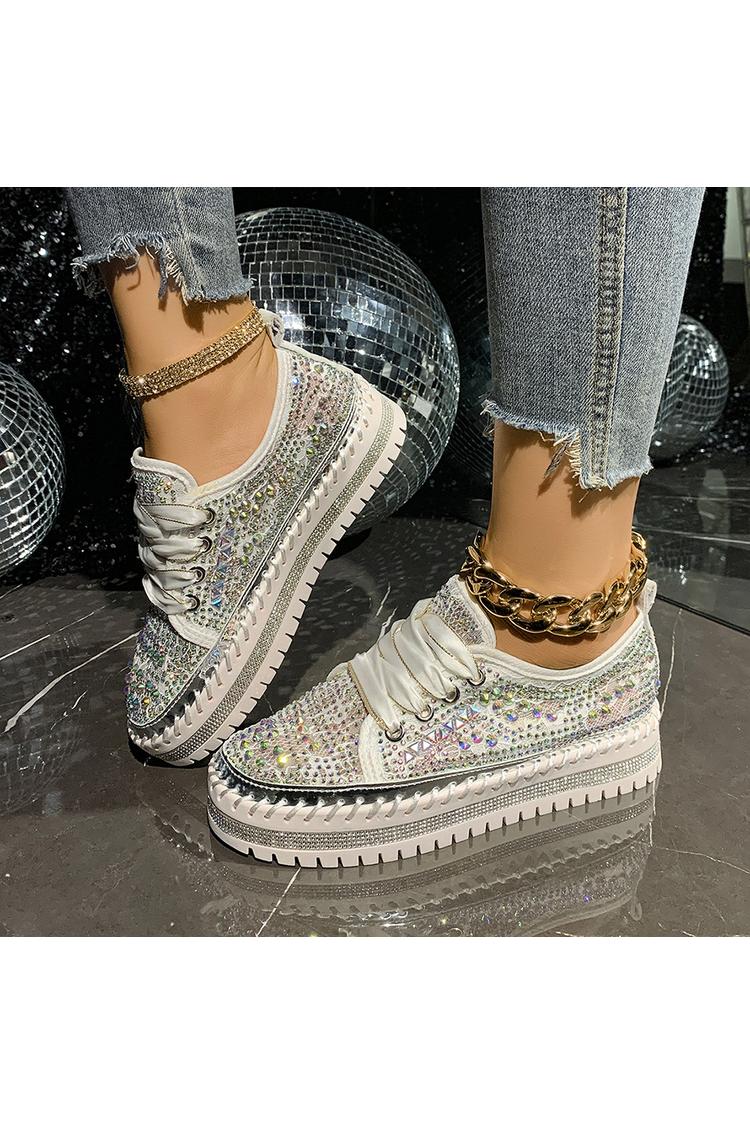 Sneakers casual con plateau e lacci, punta rotonda, decorazioni geometriche in strass 