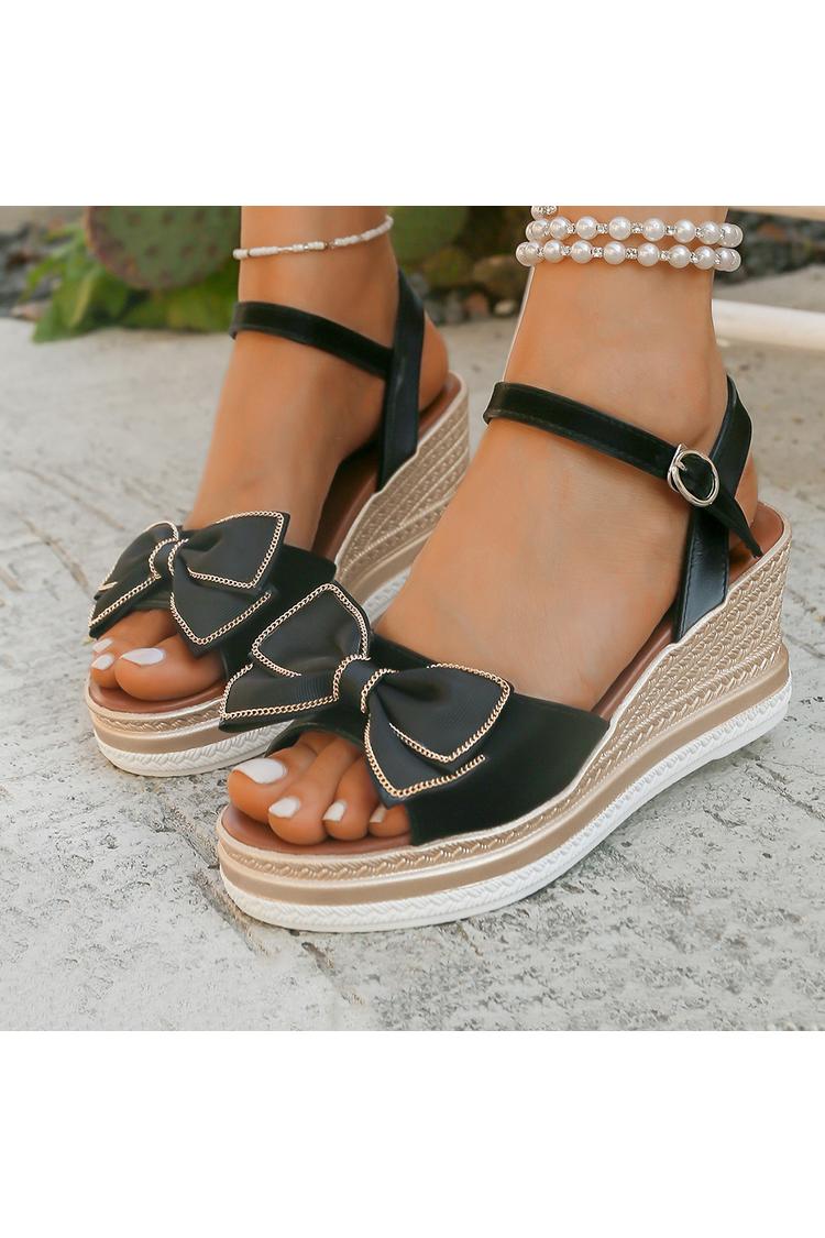 Sandali con zeppa casual con punta aperta, cinturino alla caviglia con fiocco decorato e fibbia