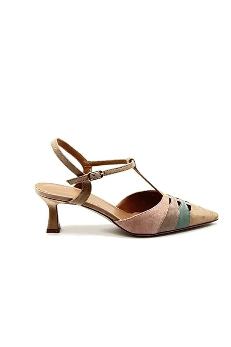 Zapatos de Tacón Bajo con Correa en T y Punta Fina de Ante Tricolor en Tonos Pastel Chic [Reserva]
