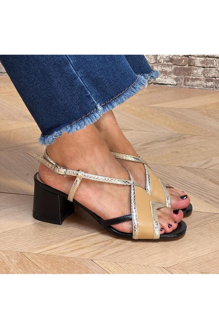 Scarpe con tacco grosso, punta aperta, fibbia e cinturino in vernice metallizzata patchwork [Pre-ordine]