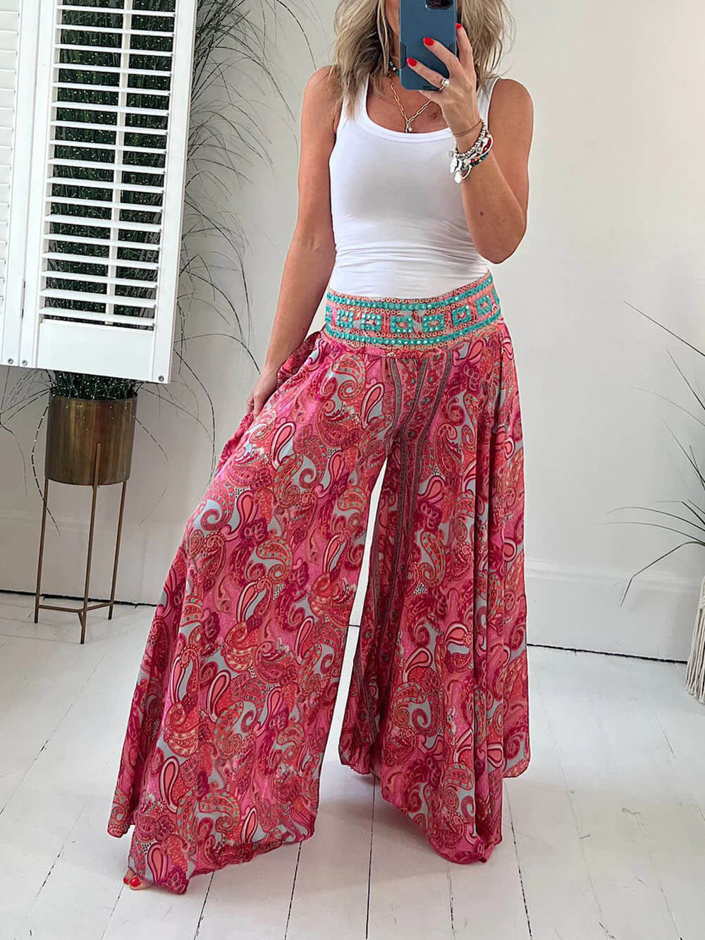 Ethnic Print Elastic Patchwork Waist Lightweight Pants