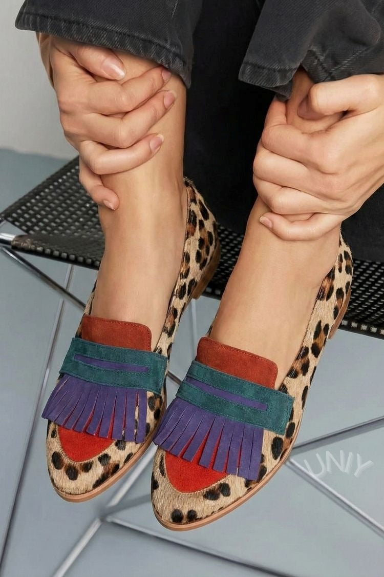 Leopard Print Suede Patchwork Tassel Slip-On Loafers [Pre Order]