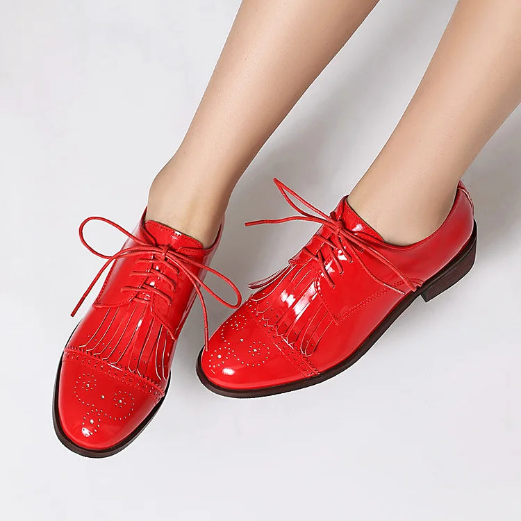 Oxfords z okrągłym noskiem, sznurowane, z ozdobnym frędzlem w jednolitym kolorze