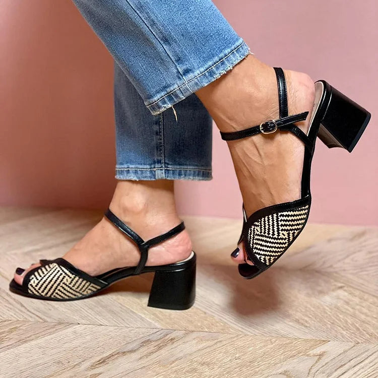 Colorblock Ankle Strap Buckle Black Chunky Heels