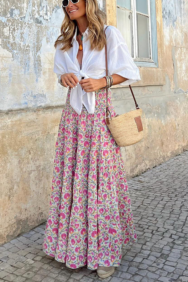 Plano para vestido maxi floral com cintura franzida Paradise