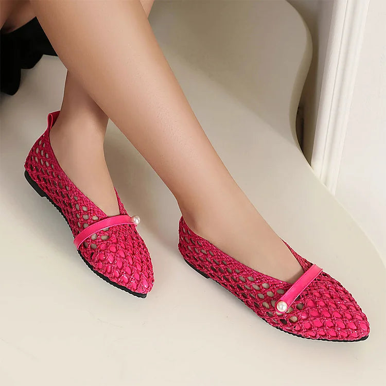 Patchwork Hollow Out Fishnet Instep Strap Pointed Toe Flats