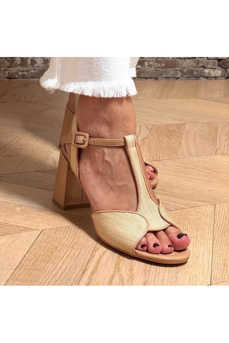 Scarpe con tacco grosso color cachi, punta rotonda, fibbia e cinturino a T patchwork [Pre-ordine]