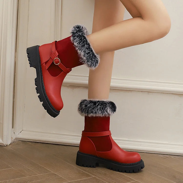 Patchwork Strap Buckle Decor Faux Fur Trim Round Toe Chunky Heel Ankle Boots