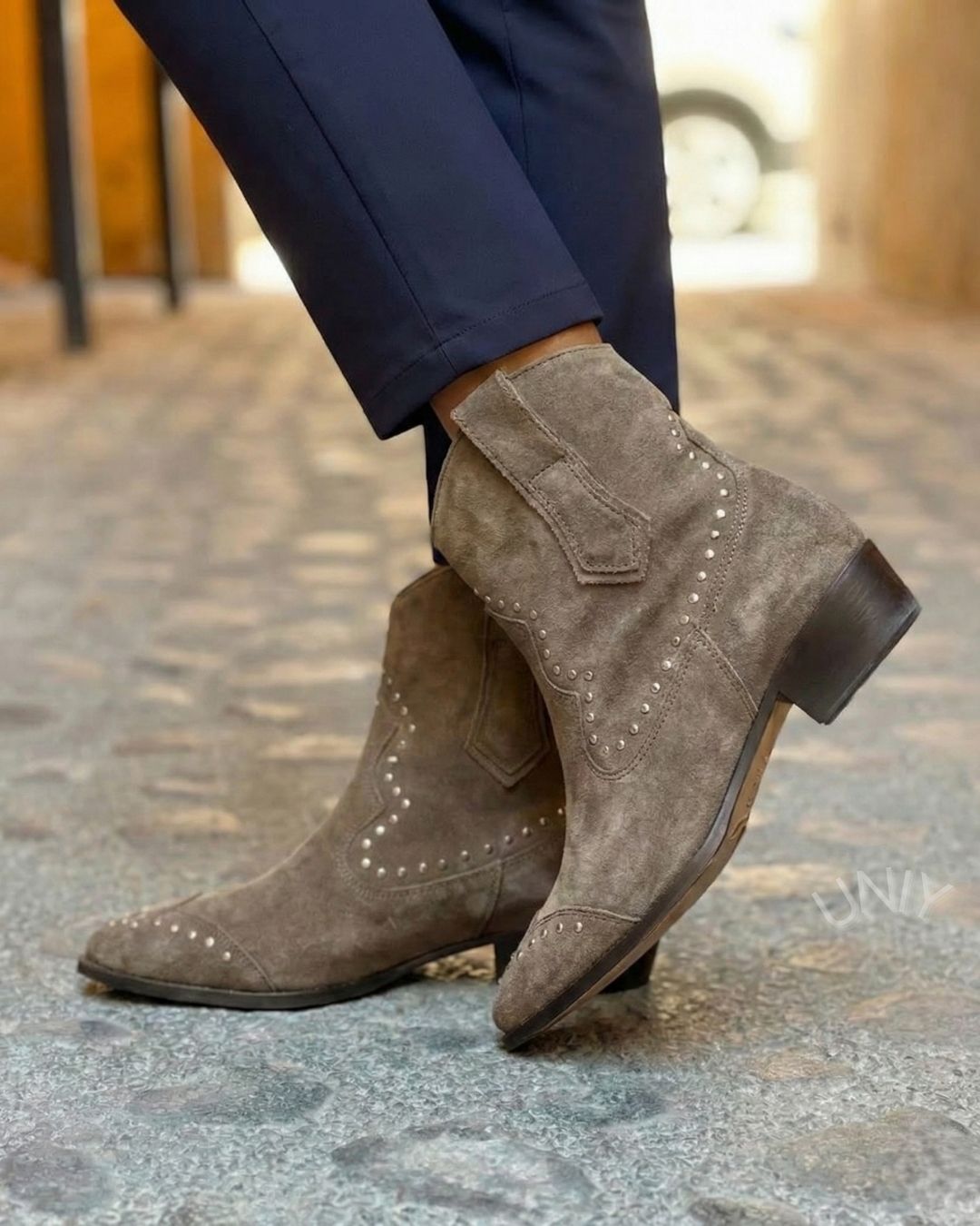 Grey Suede Studded Western Block Heel Ankle Boots [Pre Order]