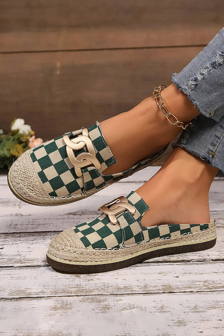 Plaid Metallic Chain Decor Patchwork Round Toe Mules