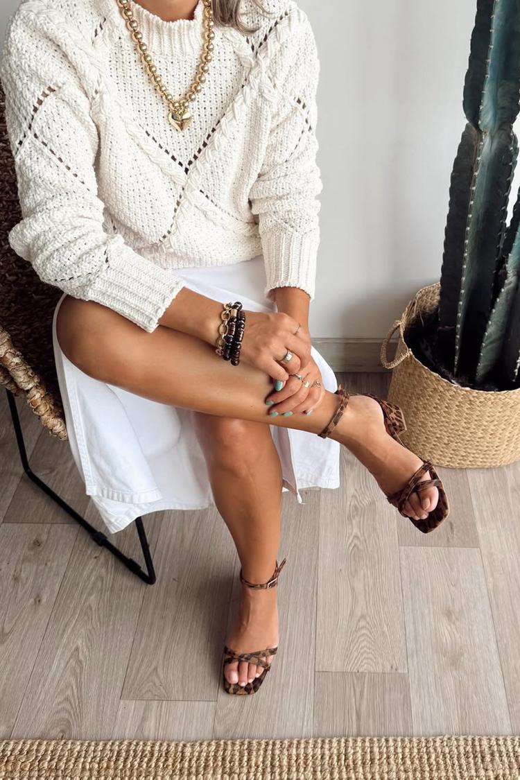 Scarpe con tacco grosso marroni, punta quadrata, cinturino alla caviglia con fibbia e stampa leopardata [Pre-ordine]