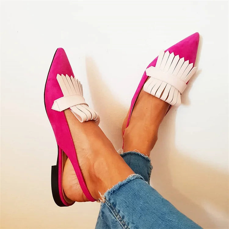 Fringed Trim Pointed Toe Slingback Retro Flats