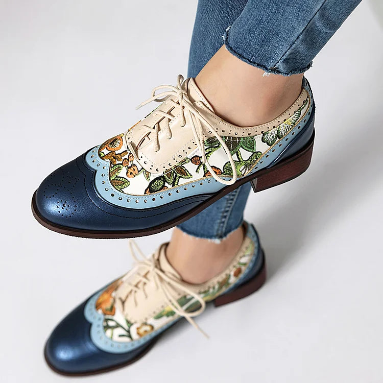 Floral Print Colorblock Patchwork Rundspitze Schnür-Brogue Oxfords