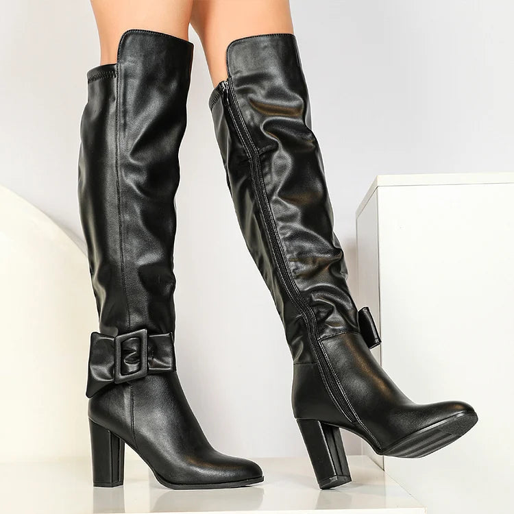 Irregular Edge Buckle Solid Color Pointed Toe Chunky Heel Knee High Boots