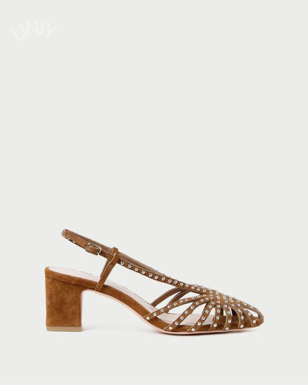 Braune Sandalen mit Nieten, Riemchen, Slingback, Peeptoe und Blockabsatz