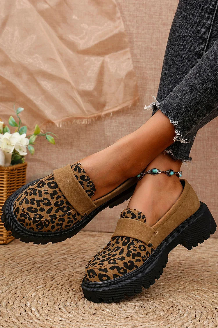 Patchwork Round Toe Leopard Print Low Block Heel Loafers