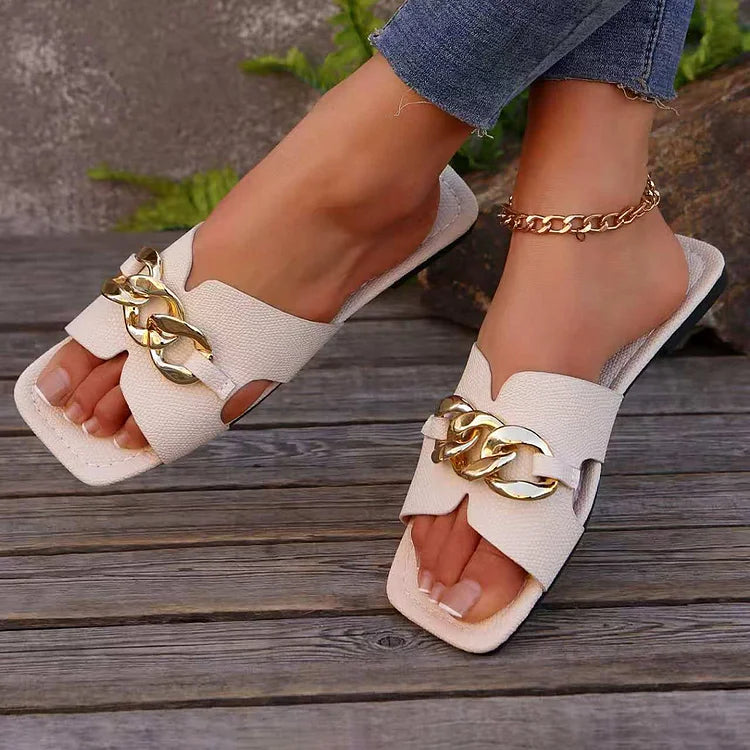 Metal Chain Decor Snake Print Cutout Square Toe Slippers