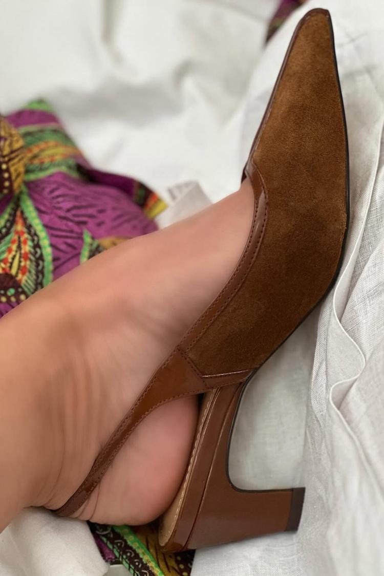 Scarpe con tacco grosso marroni a punta e patchwork con cinturino posteriore [Pre-ordine] 