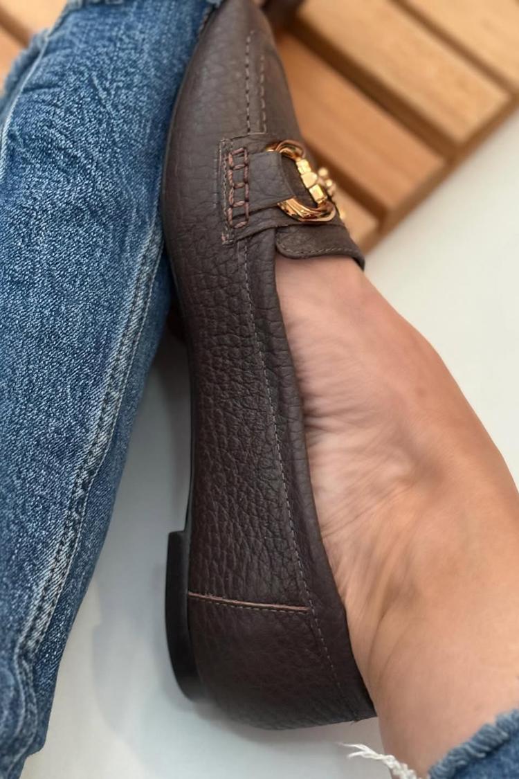 Metall-Schnalle Dekor Quadratische Spitze Dunkelbraune Loafers [Vorbestellung]