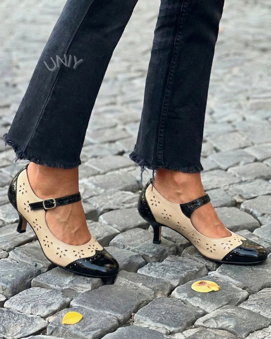 Two Tone Brogue Perforated Kitten Heel Mary Jane Pumps [Pre Order]