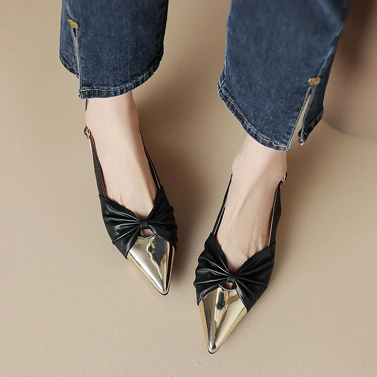 Bow Metallic Sheen Stitching Slingback Pointy Toe Flats