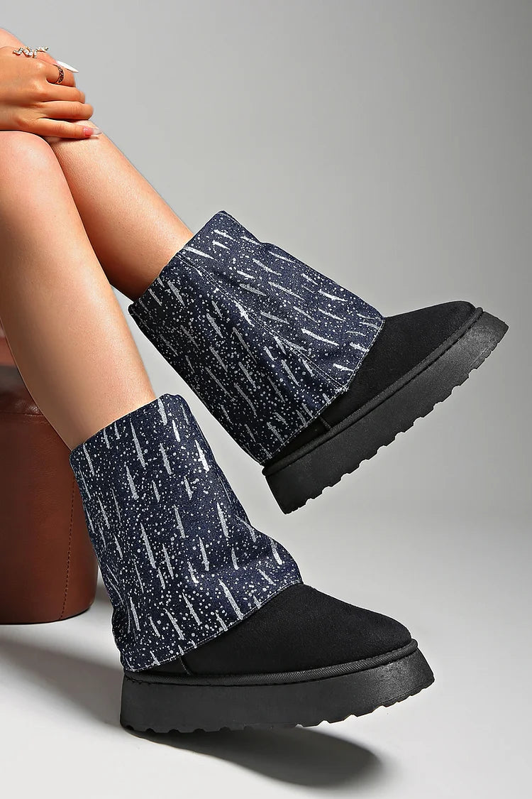 Denim Patchwork Fold Over Round Toe Low Platform Snow Boots