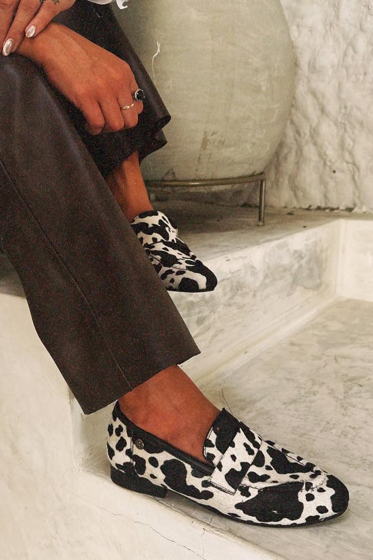 Cow Pattern Patchwork Round Toe Black Loafers [Pre Order]