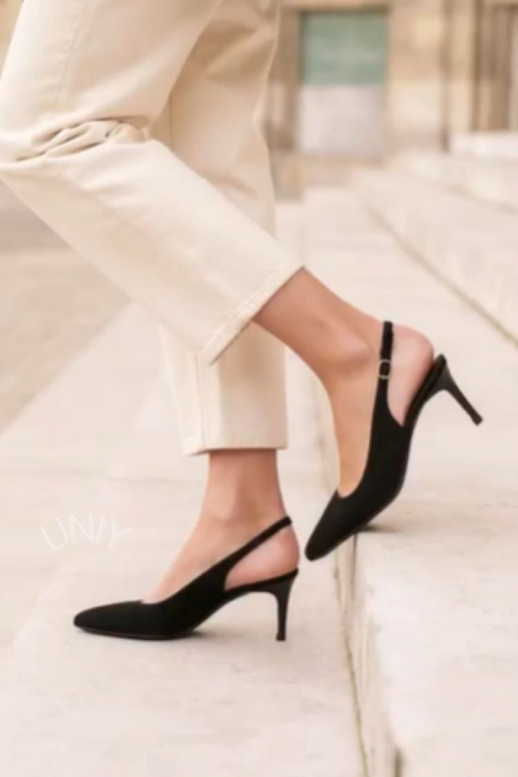Minimalist Black Suede Pointed Toe Slingback Kitten Heels [Pre Order]