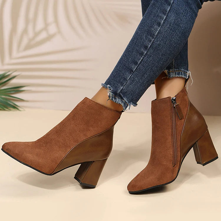 Patchwork Pointed Toe Chunky Heel Zipper Ankle Boots