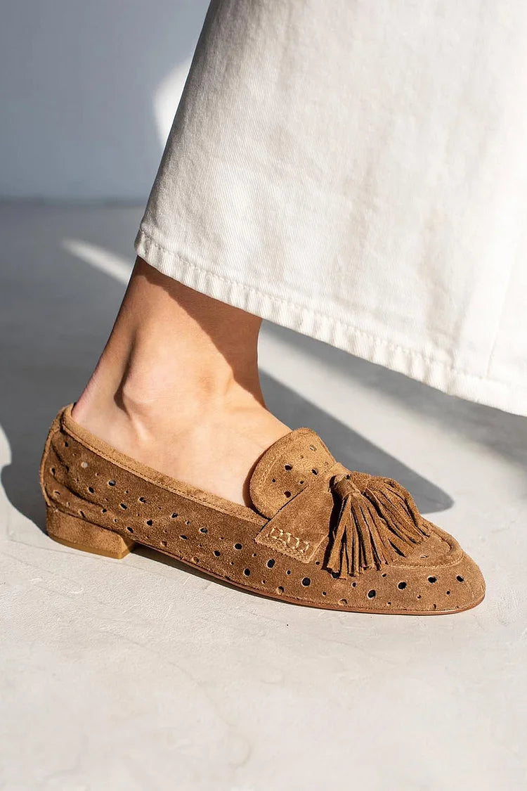 Chwosty Dekoracja Ażurowe Okrągły Nosek Brązowe Mokasyny [Przedsprzedaż]