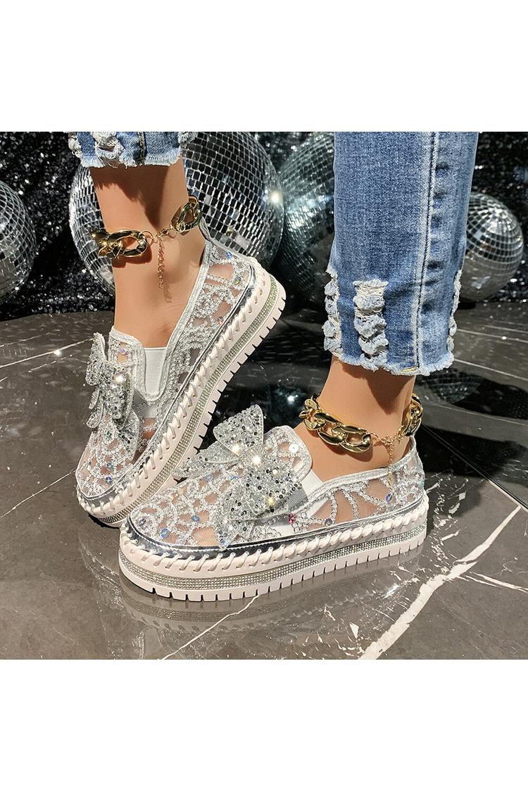 Strass Schleifen Dekor Mesh Runde Zehen Freizeit Plateau Slipper