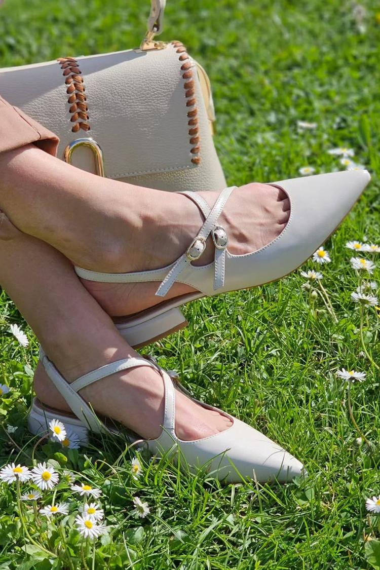 Cross Strap Buckle Pointed Toe Slingback White Low Heels [Pre Order]